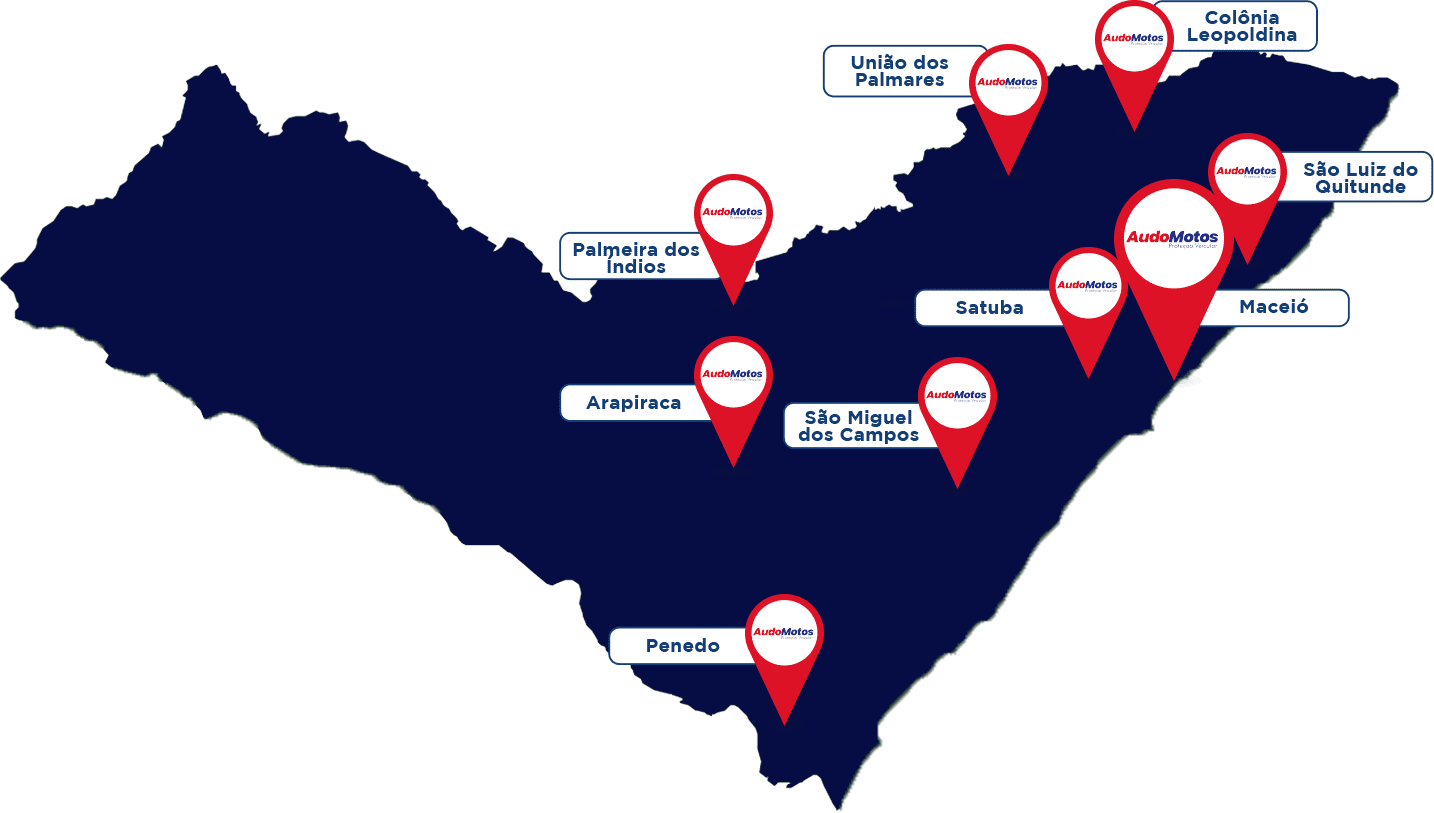 Mapa de Alagoas com os municípios onde a Audo se encontra: Maceió, Arapiraca, São Miguel dos Campos, Penedo, União dos Palmares, Colônia Leopoldina, Viçosa, Palmeira dos Índios, Satuba, São Luiz do Quitunde